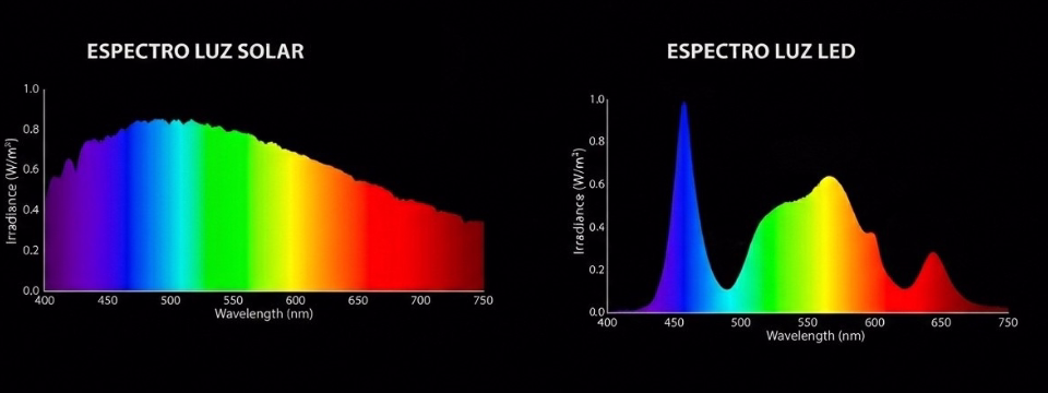 Luz azul natural (sol) vs artificial (LED): por qué no son lo mismo aunque lo parezca 1 espectro solar vs espectro led